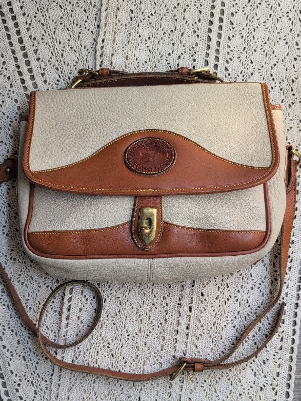 Dooney & Bourke Cream and Brown Leather Trim Crossbody Bag
